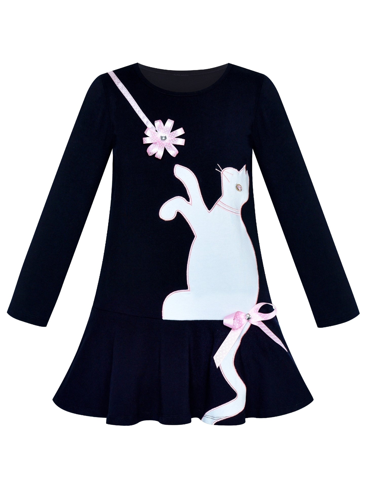 Girls Dress Long Sleeve Cotton Cartoon Sequins Pink Striped Dress Black