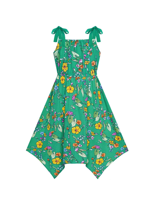 Girls Dress Green Flower Asymmetrical Hem Skirt Tank Dress Green