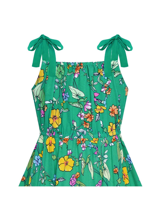 Girls Dress Green Flower Asymmetrical Hem Skirt Tank Dress Green