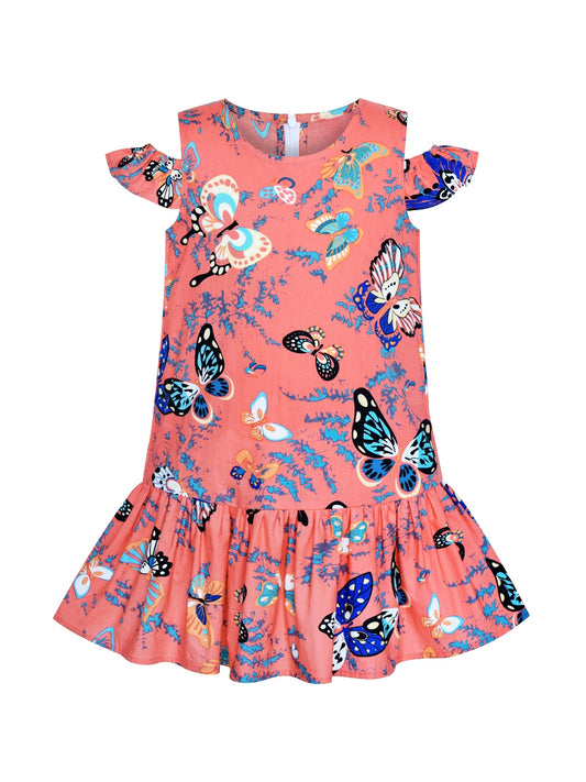 Girls Dress Button Front Cold Shoulder Cotton Casual Pink