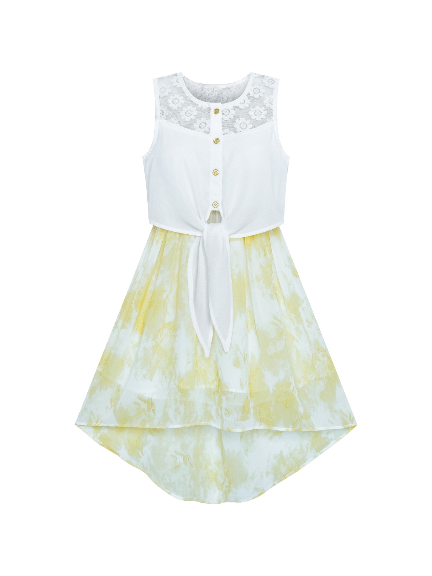 Girls Dress Lace to Chiffon Striped Black White Tied Waist Yellow