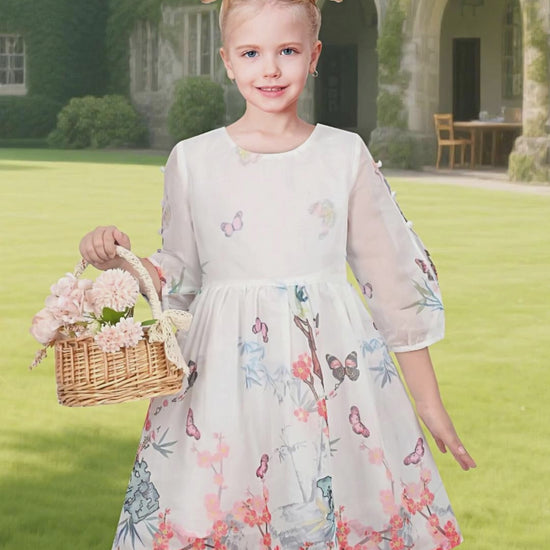 Girls Dress Floral Butterfly Organza Pearl Button Slit 3/4 Sleeve Traditional Party video