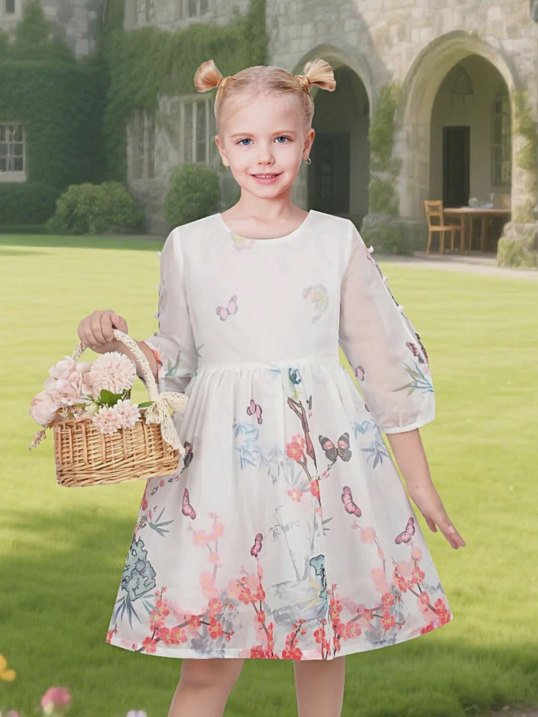 Girls Dress Floral Butterfly Organza Pearl Button Slit 3/4 Sleeve Traditional Party video
