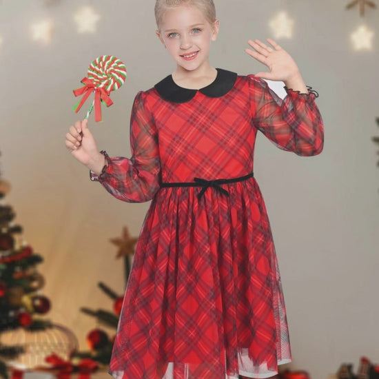 Girls Dress Plaid Tartan Collar Bow Belt Casual Festive Christmas Party Winter video