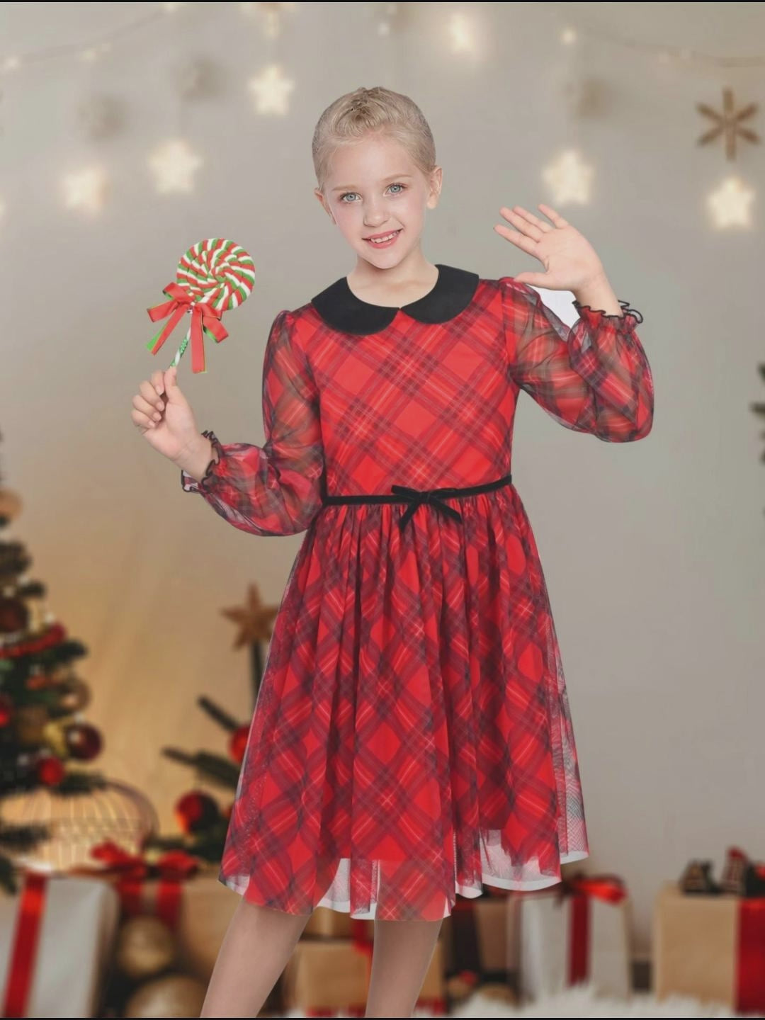 Girls Dress Plaid Tartan Collar Bow Belt Casual Festive Christmas Party Winter video