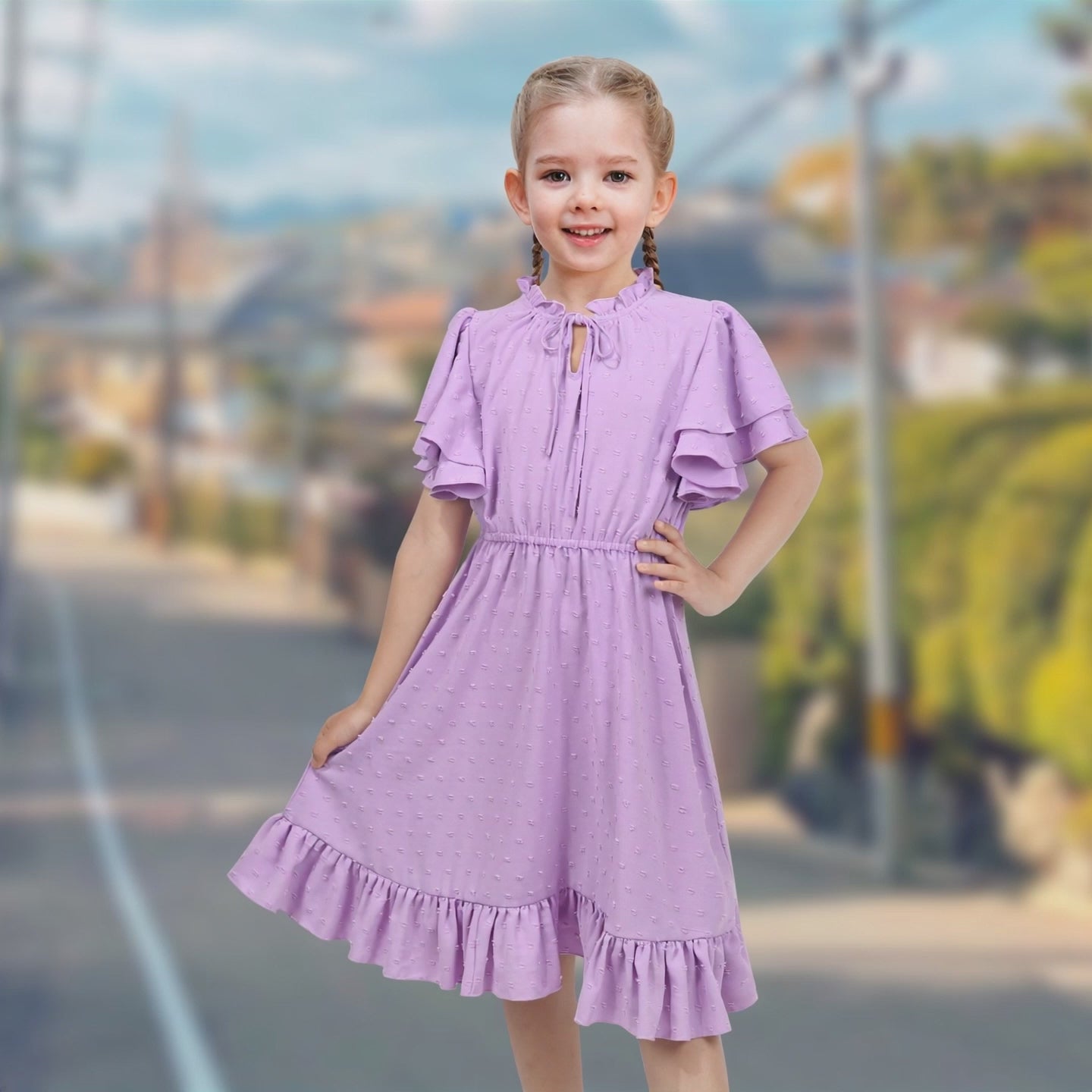 Girls Dress Red Chiffon Swiss Dot Stand Collar Ruffle Puff Short Sleeve video