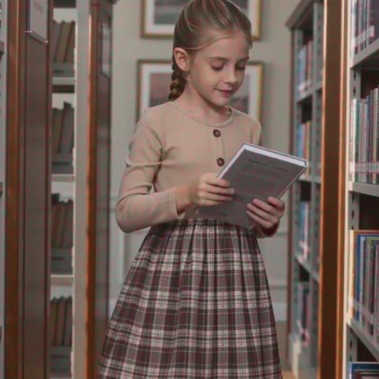 Girls Dress Tan Cream Plaid Long Sleeve Ribbed Knit Preppy School Daily Casual Comfortable video