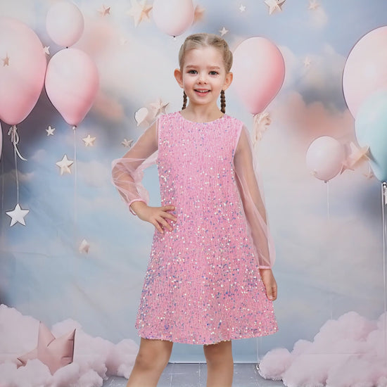 Girls Dress Black Sequin Sheer Mesh Long Sleeve Party Elegant Ball Gown video
