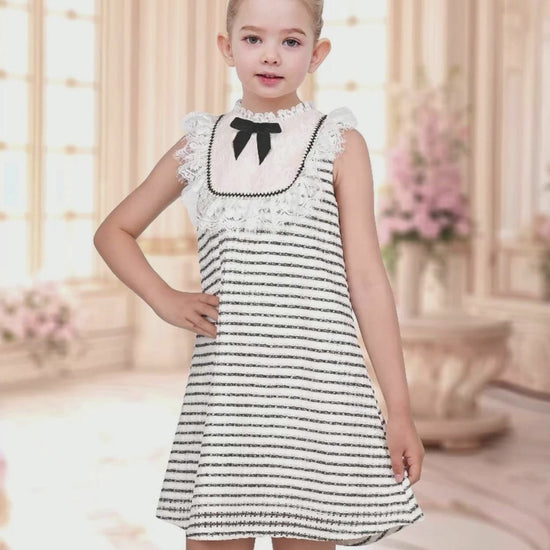 Girls Dress Striped Crochet Tweed Lace Trim Bow Sleeveless Summer Holiday Casual video