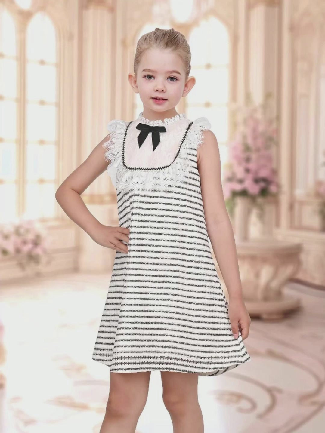 Girls Dress Striped Crochet Tweed Lace Trim Bow Sleeveless Summer Holiday Casual video