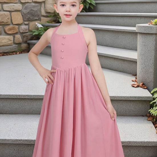 Girls Dress Rose Halter Button Smocked Tie Back Beach Party Chiffon video