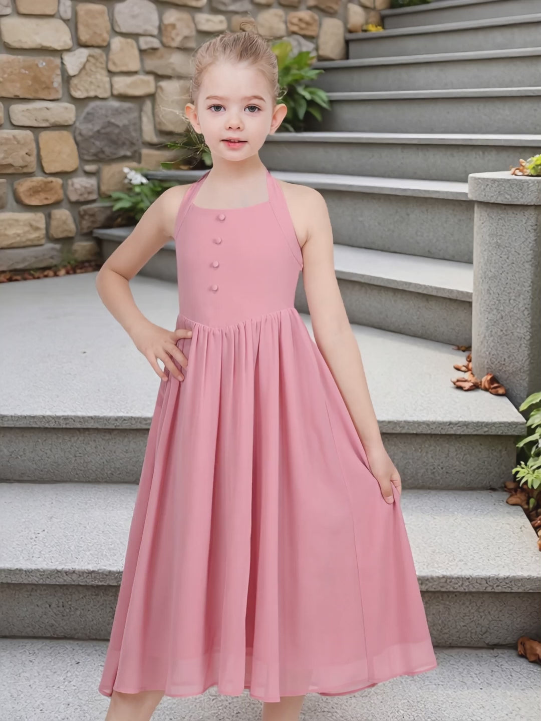 Girls Dress Rose Halter Button Smocked Tie Back Beach Party Chiffon video