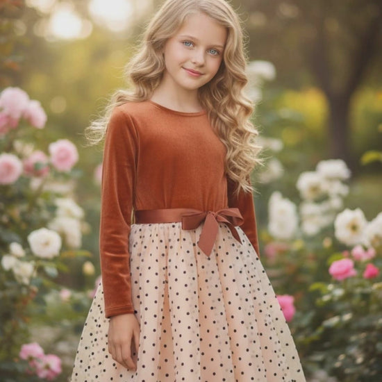 Girls Dress Rust Copper Velvet Polka Dot Plain Tulle Vintage Twirly Fall Holiday video