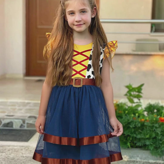 Girls Dress Western Cowgirl Flutter Belted Tiered Tulle Outfit Halloween Party video