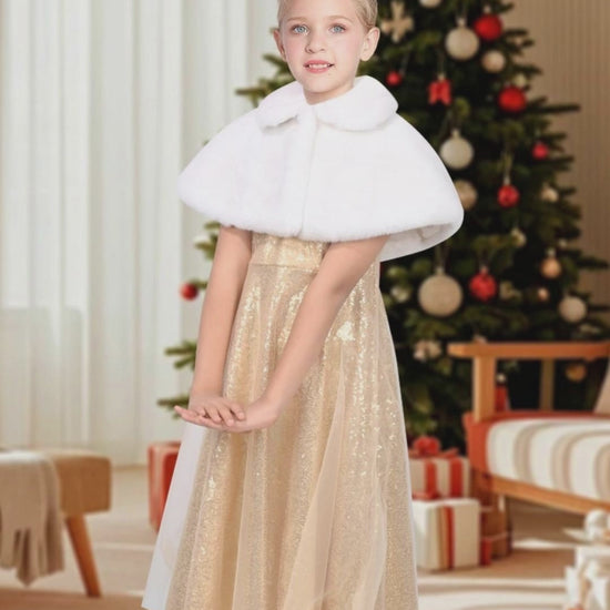Sunny Fashion Girls Burgundy Chiffon Halter Dress with Faux Fur Cape video
