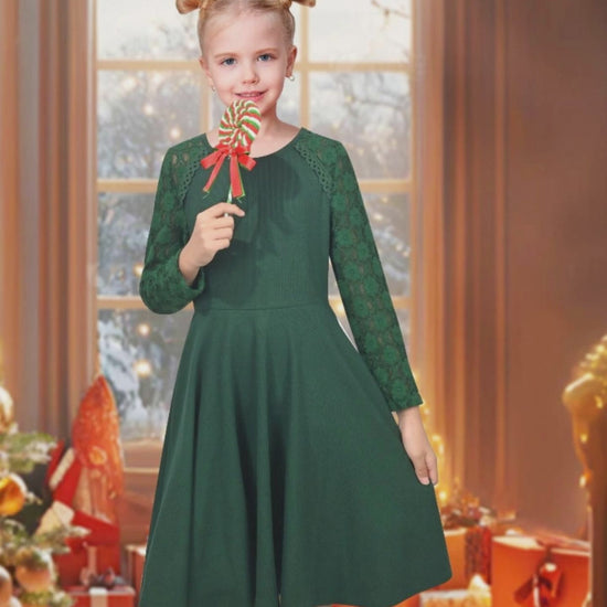 Girls Dress Red Lace Floral Hollow Back Formal Evening Long Sleeve video
