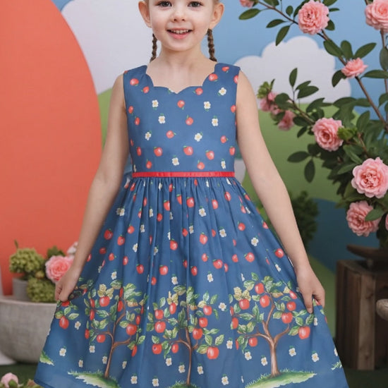 Girls Dress Green Strawberry Floral Zigzag Cute Sleeveless Casual Holiday video
