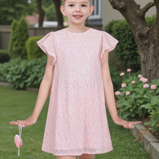 Girls Dress Pink Sequin Mesh Short Flutter Sleeve Keyhole Party Casual video