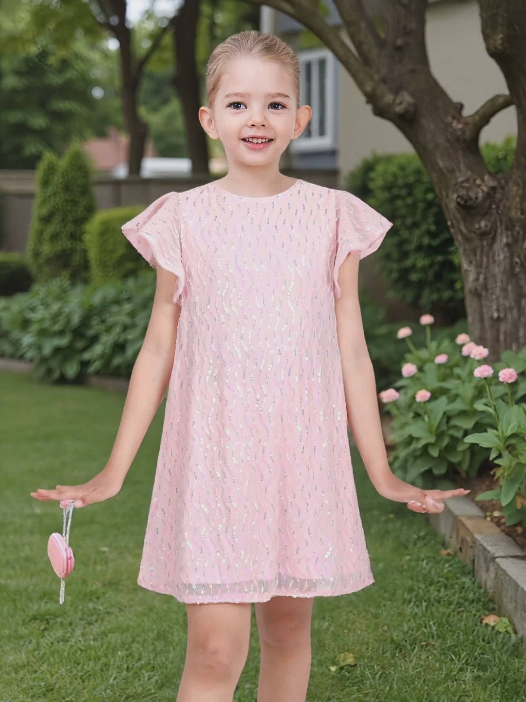 Girls Dress Pink Sequin Mesh Short Flutter Sleeve Keyhole Party Casual video