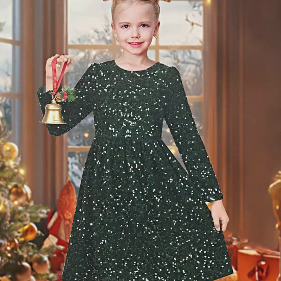Girls Dress Emerald Sparkle Sequin Long Sleeve Christmas Holiday New Year Celebration video