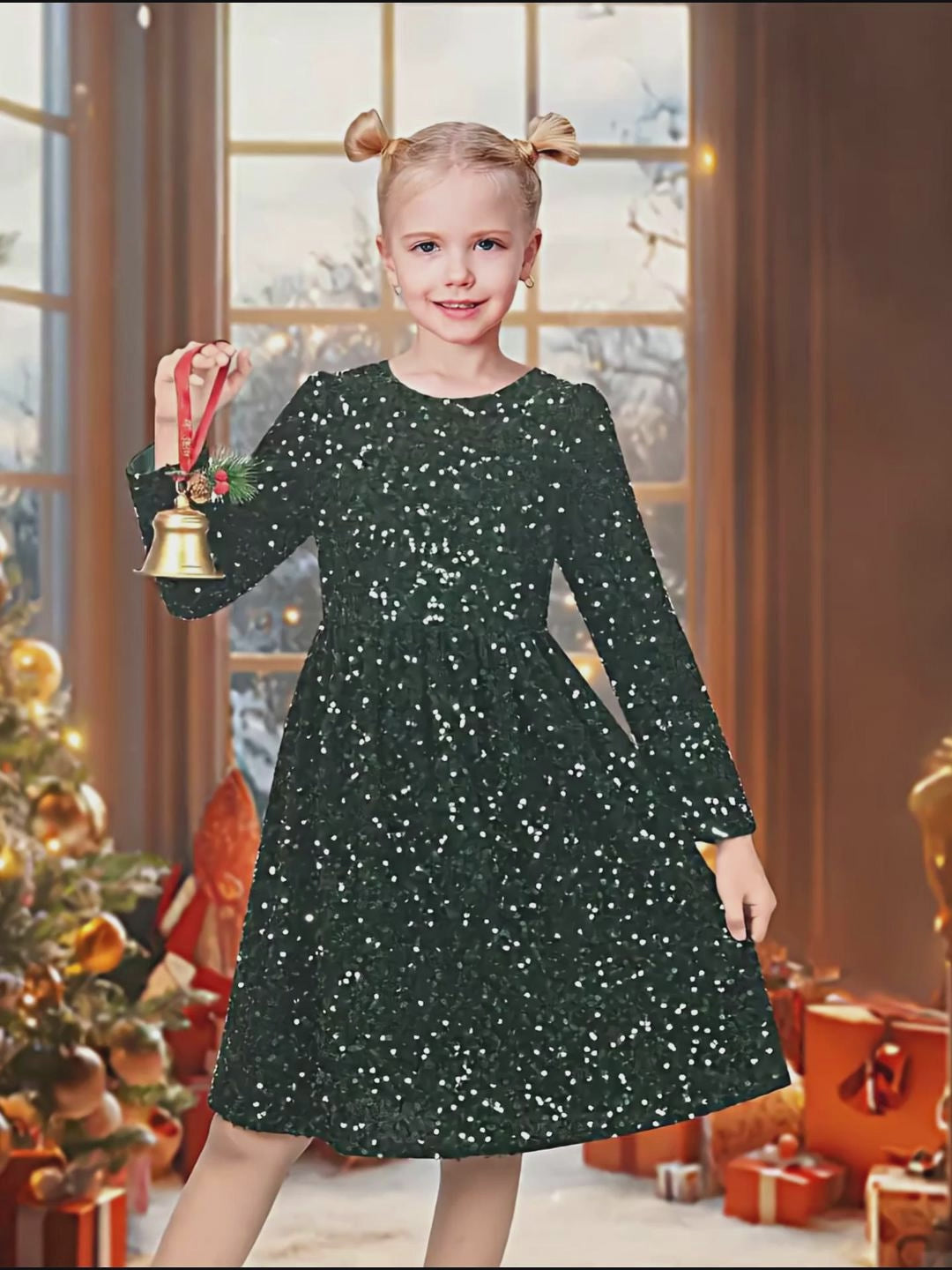 Girls Dress Emerald Sparkle Sequin Long Sleeve Christmas Holiday New Year Celebration video