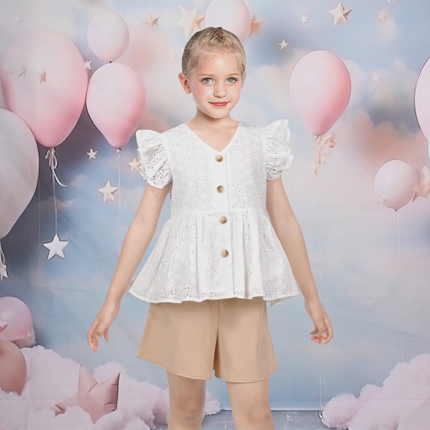 Girls 2 Pcs Shorts Set White Eyelet Puff Peplum Khaki Cool Summer Casual video