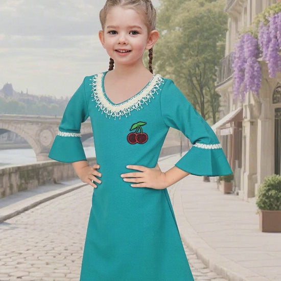 Girls Dress Beige Lace Trim Bell Sleeve Cherry Applique Pearl A-Line Casual Daily video