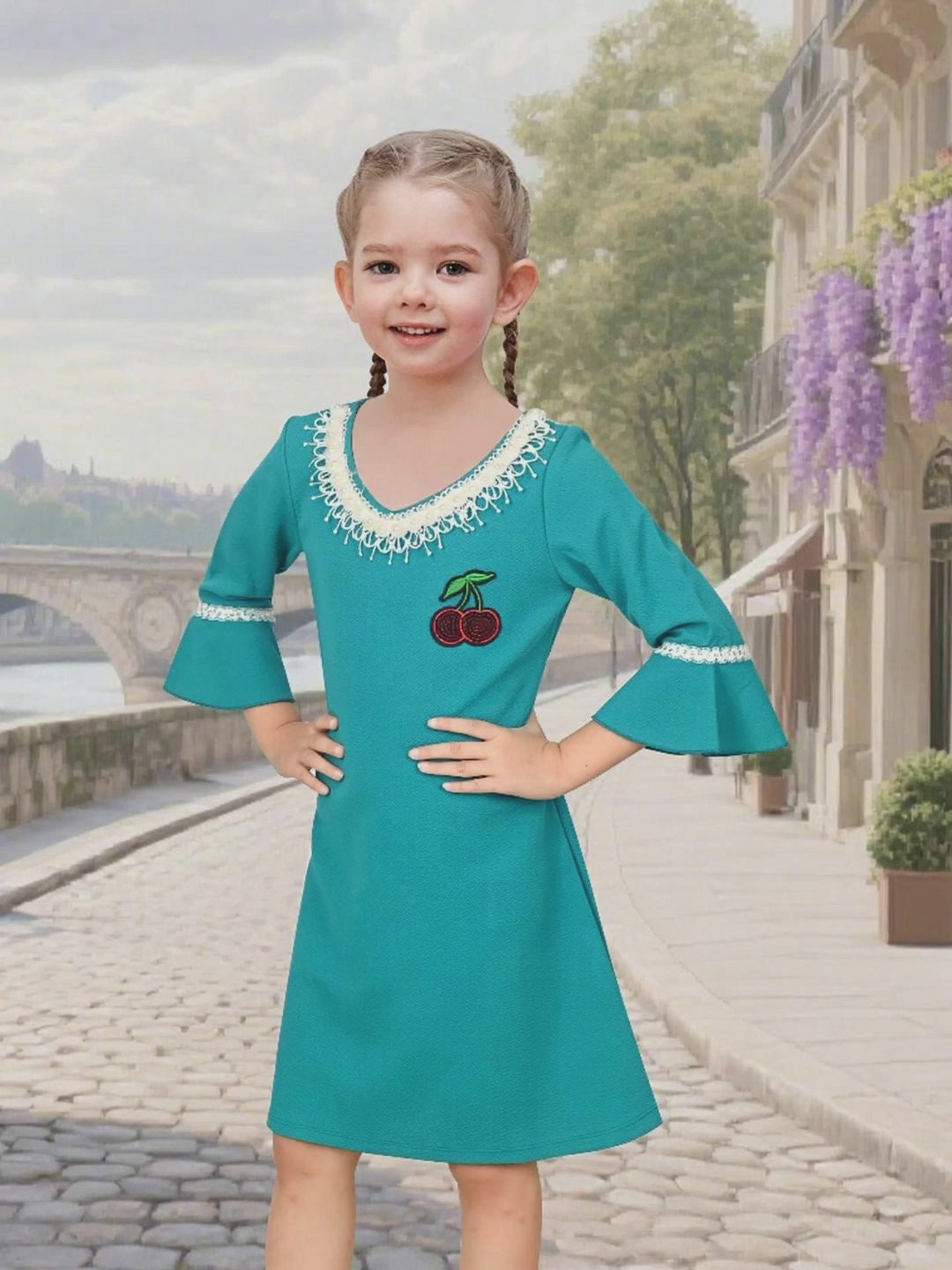 Girls Dress Beige Lace Trim Bell Sleeve Cherry Applique Pearl A-Line Casual Daily video