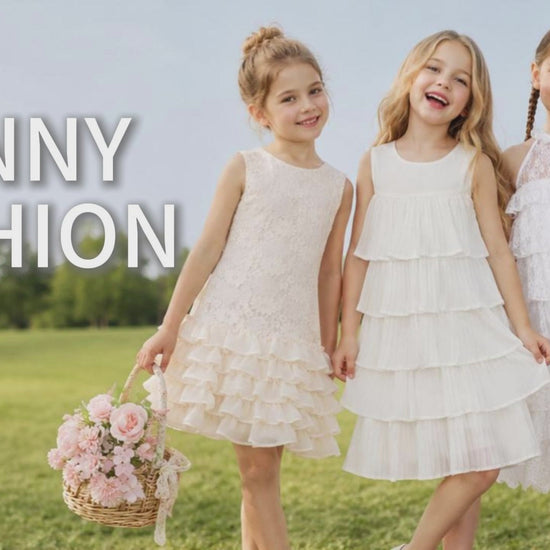 Girls Dress Beige Lace A-Line with Tiered Ruffle Hem Sleeveless Round Neck Party Wedding video