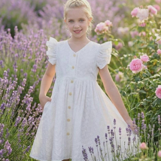 Girls Dress Lemon Button Front Swiss Dot Ruffle Cap Sleeve V Neck Party Classic Casual video