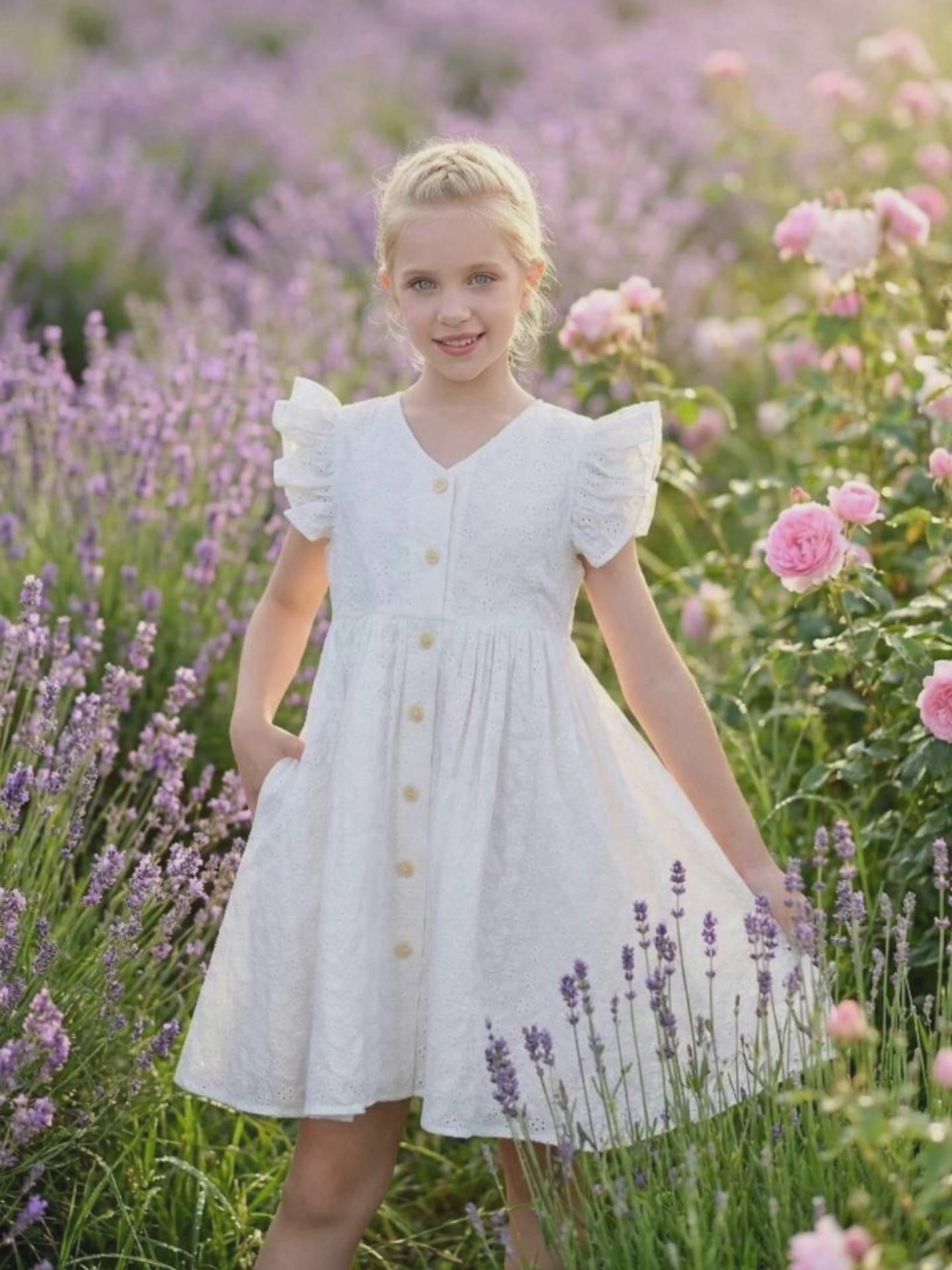 Girls Dress Lemon Button Front Swiss Dot Ruffle Cap Sleeve V Neck Party Classic Casual video