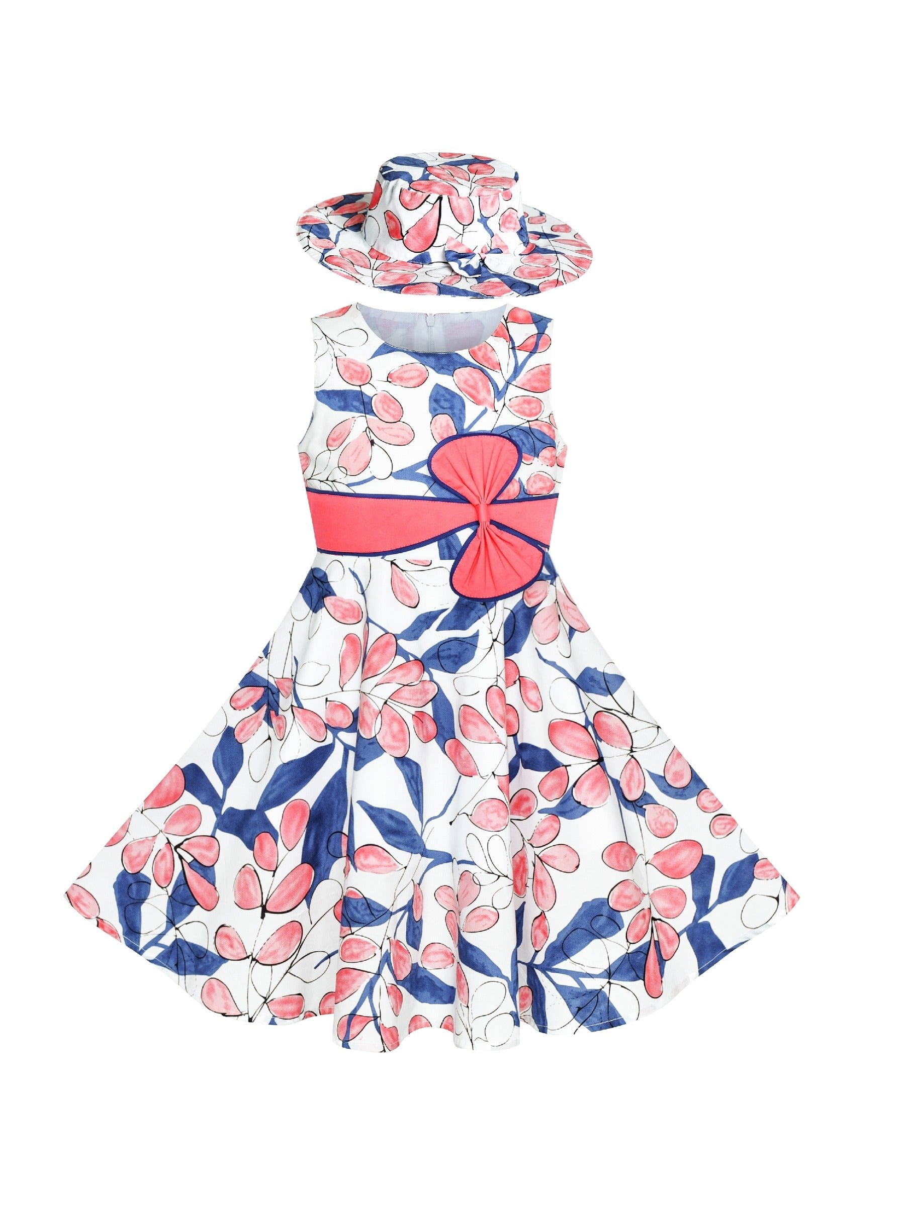 2 Pecs Girls Dress Sun Hat Bow Tie Flower Summer Beach Kids Clothing Multi-Color