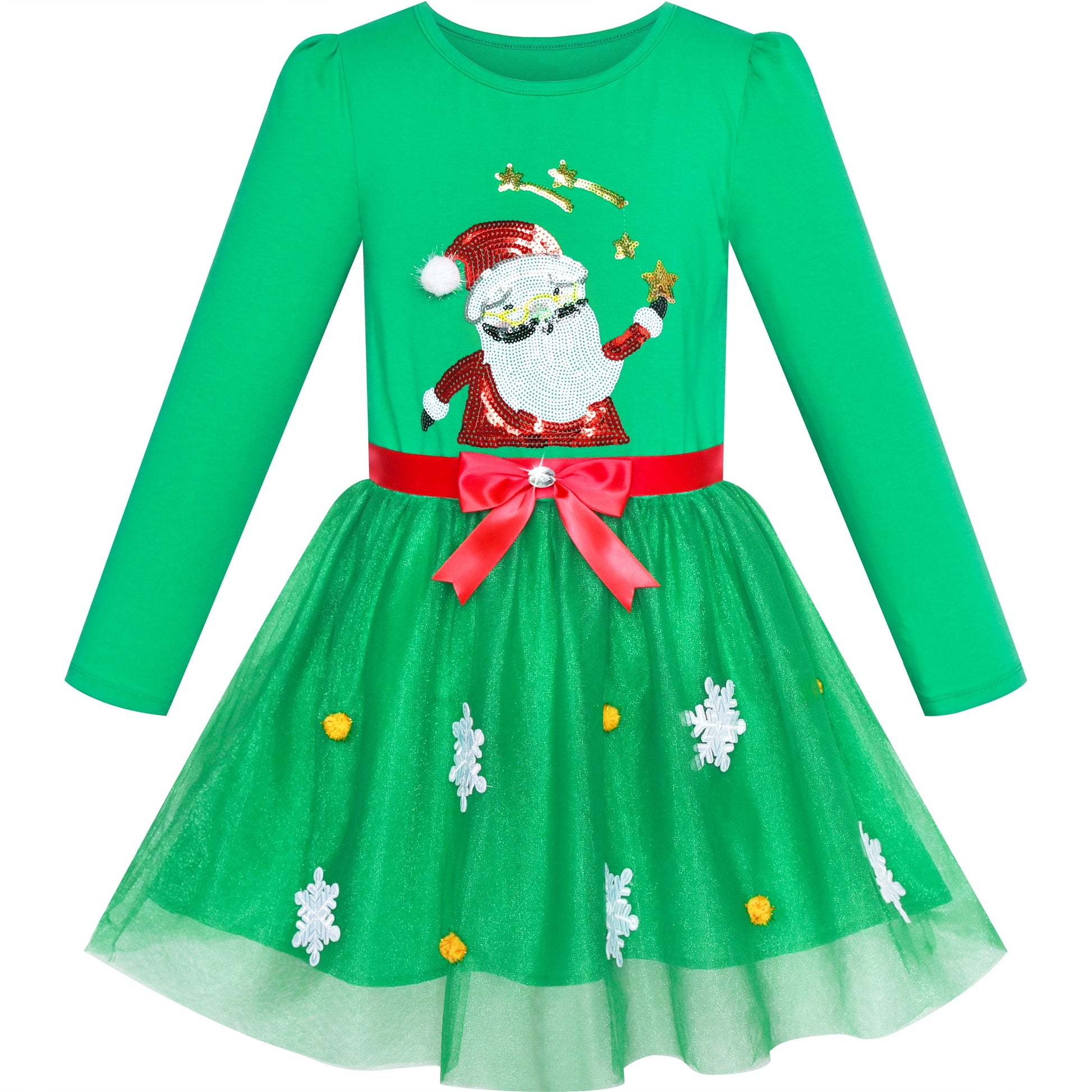 Girls Dress Christmas Reindeer Long Sleeve Party Dress Green