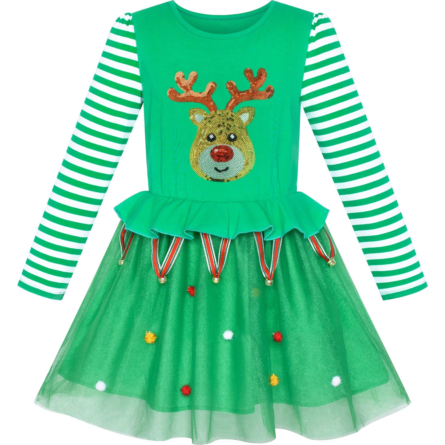 Girls Dress Christmas Reindeer Long Sleeve Party Dress Green