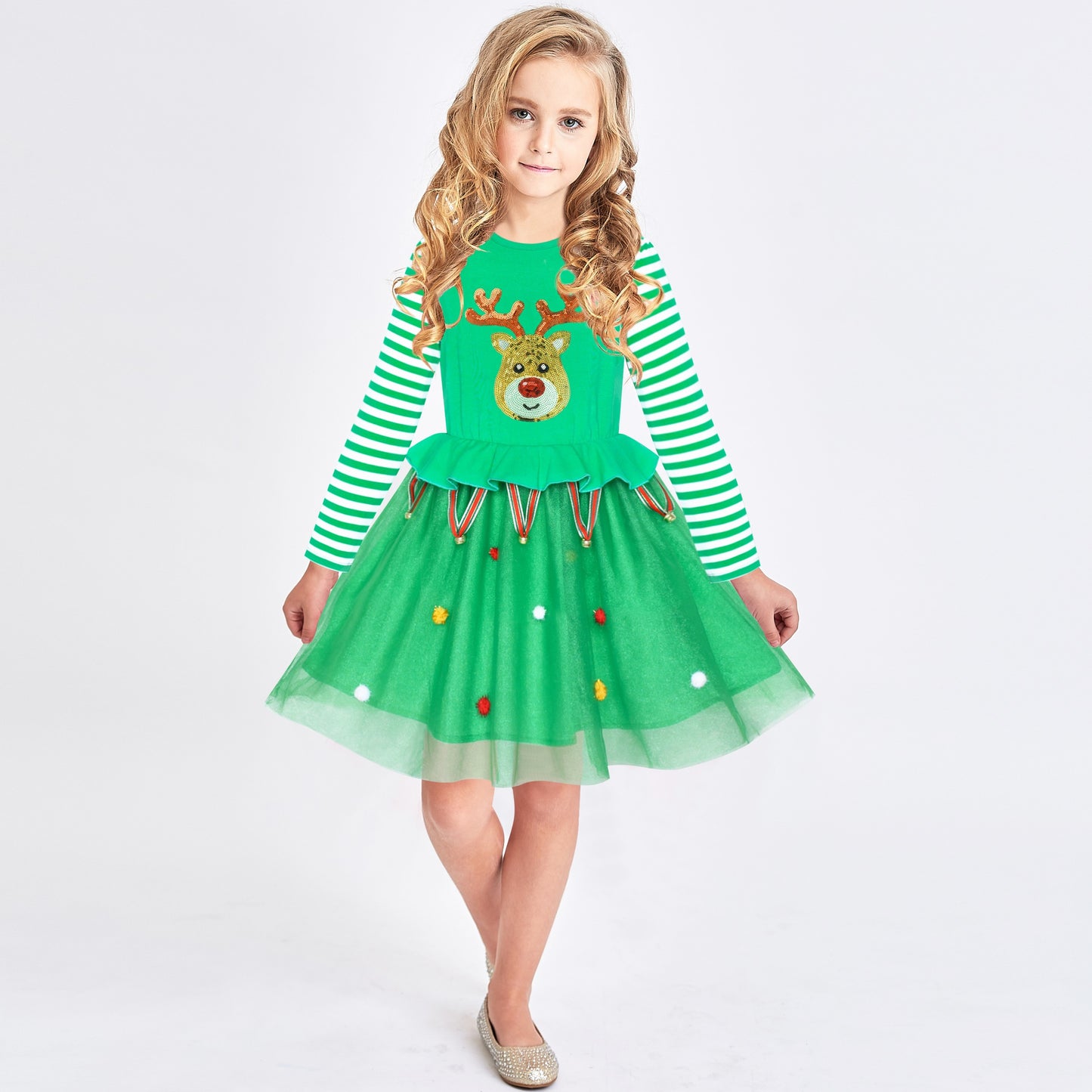 Girls Dress Christmas Reindeer Long Sleeve Party Dress Green