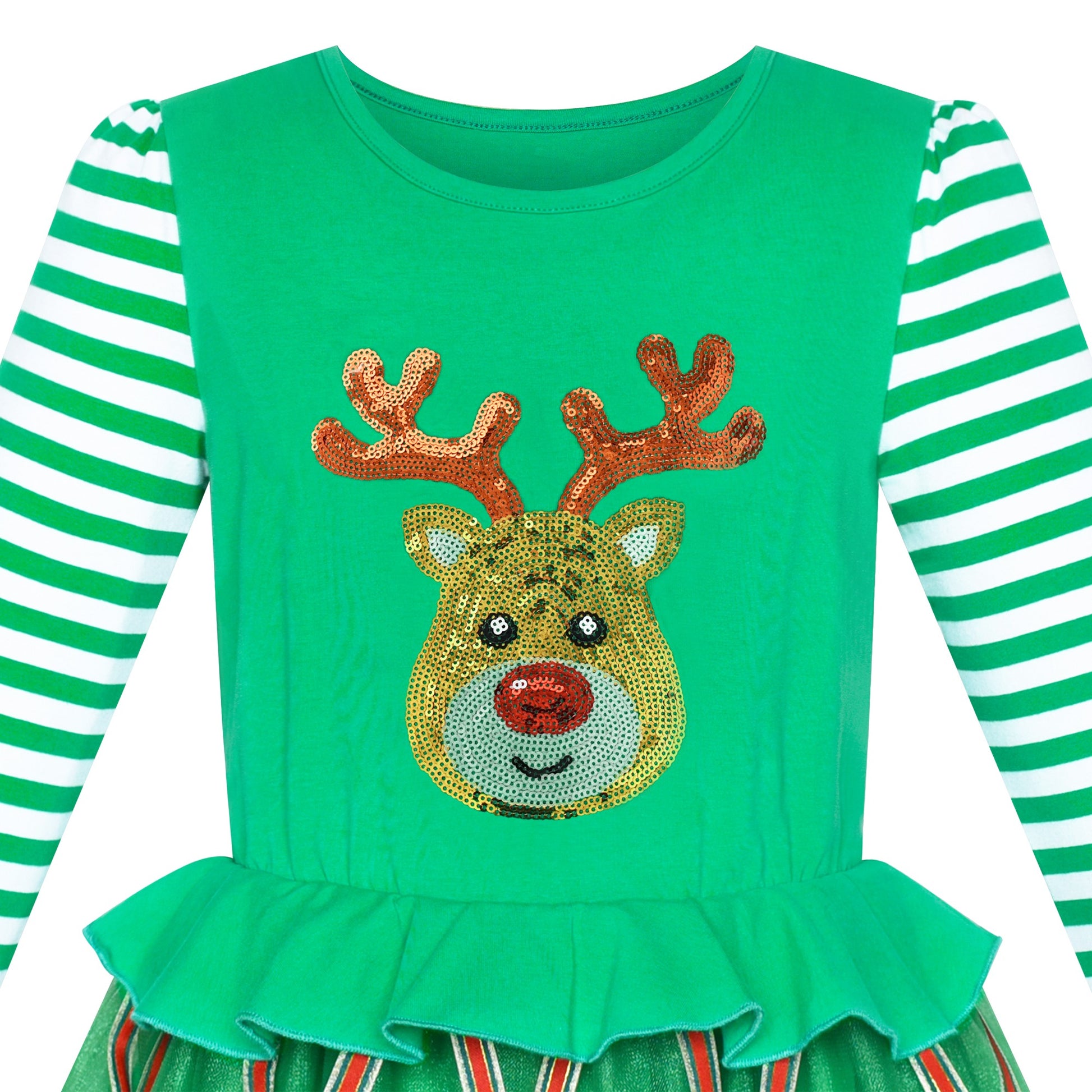 Girls Dress Christmas Reindeer Long Sleeve Party Dress Green