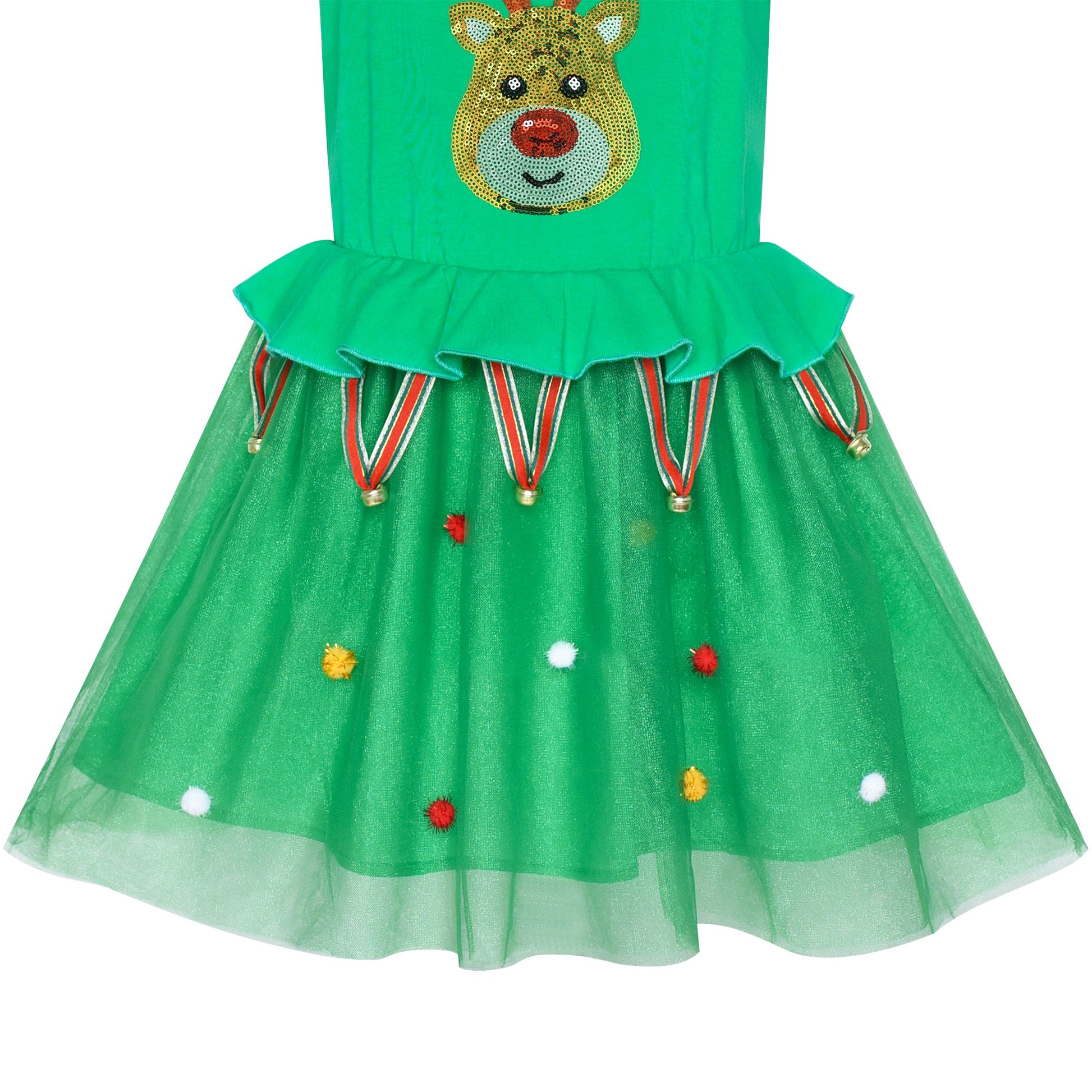 Girls Dress Christmas Reindeer Long Sleeve Party Dress Green