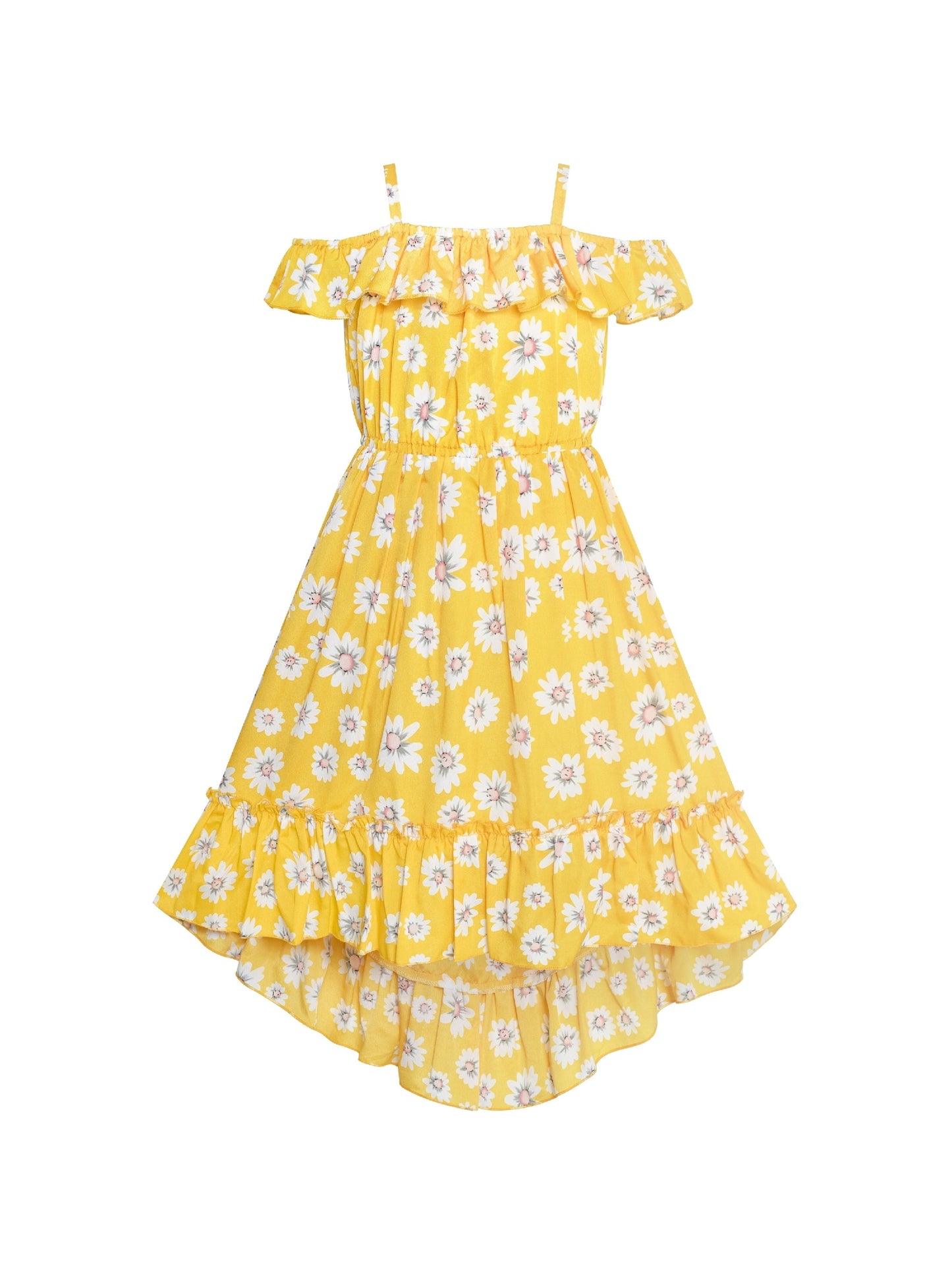 Girls Dress Off Shoulder Yellow Chiffon Floral Hi-Low Party Yellow