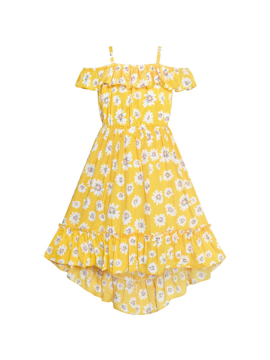 Girls Dress Off Shoulder Yellow Chiffon Floral Hi-Low Party Yellow