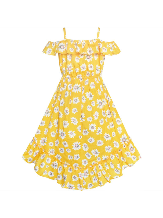 Girls Dress Off Shoulder Yellow Chiffon Floral Hi-Low Party Yellow