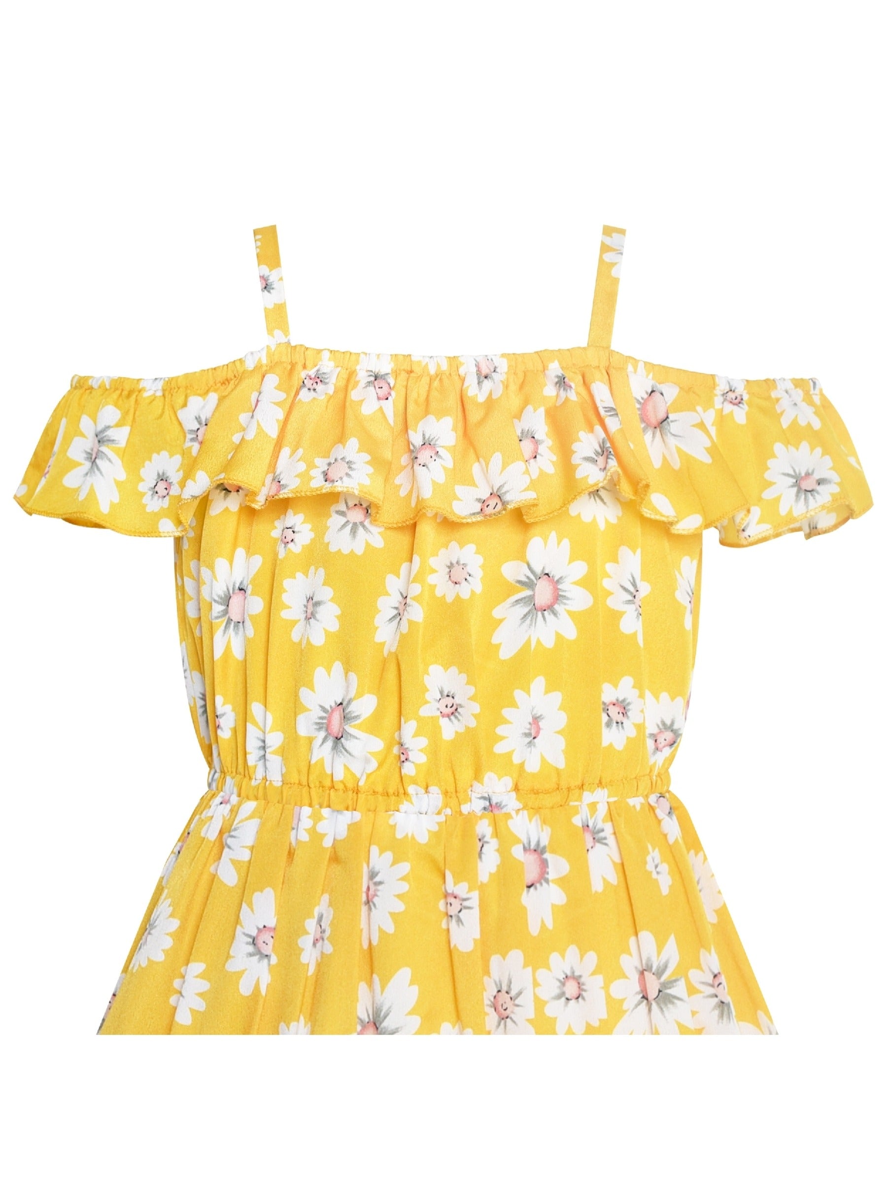 Girls Dress Off Shoulder Yellow Chiffon Floral Hi-Low Party Yellow