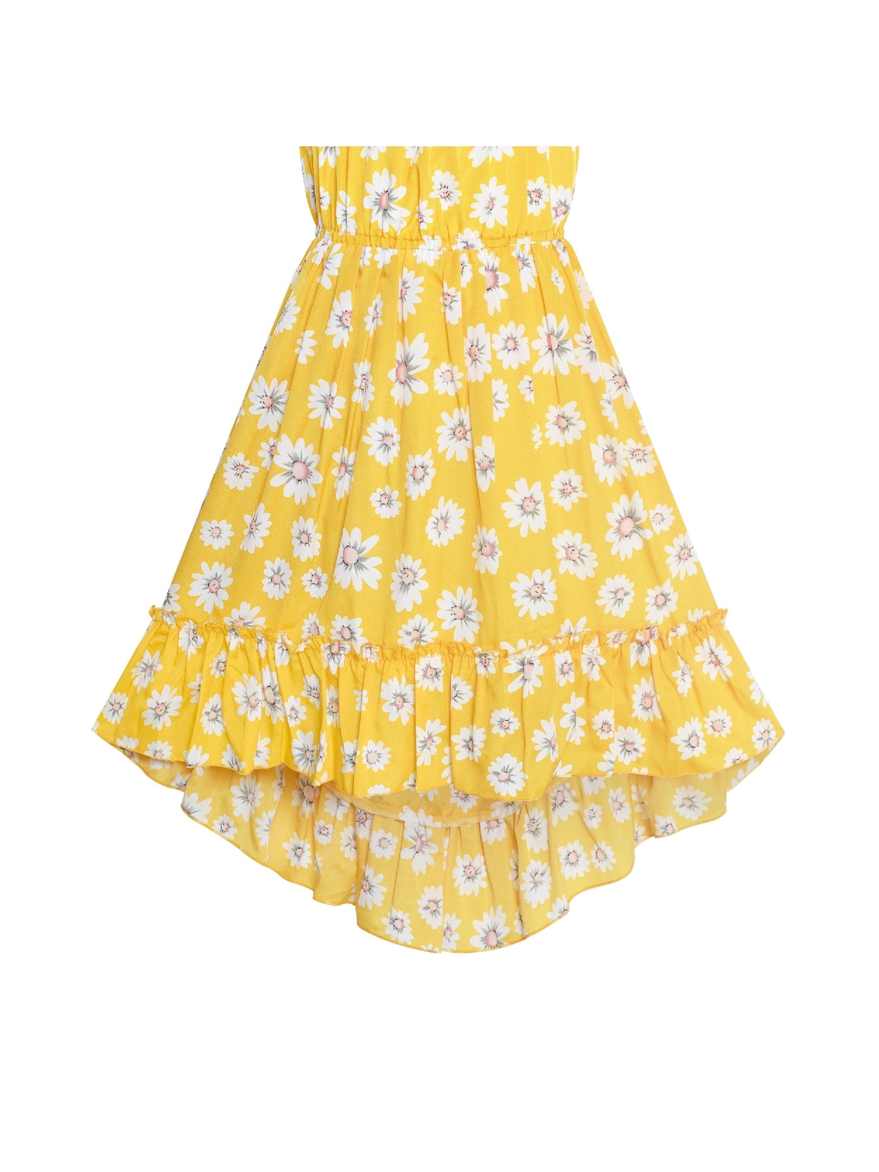 Girls Dress Off Shoulder Yellow Chiffon Floral Hi-Low Party Yellow