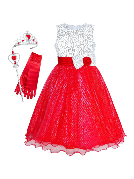 Girls Dress Red Sequin Crown Gloves Bridesmaid Wedding Pageant Red