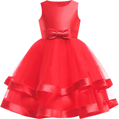 Girls Dress Sleeveless Burgundy Ball Gown Wedding Party Pageant - Red (QC81-P)