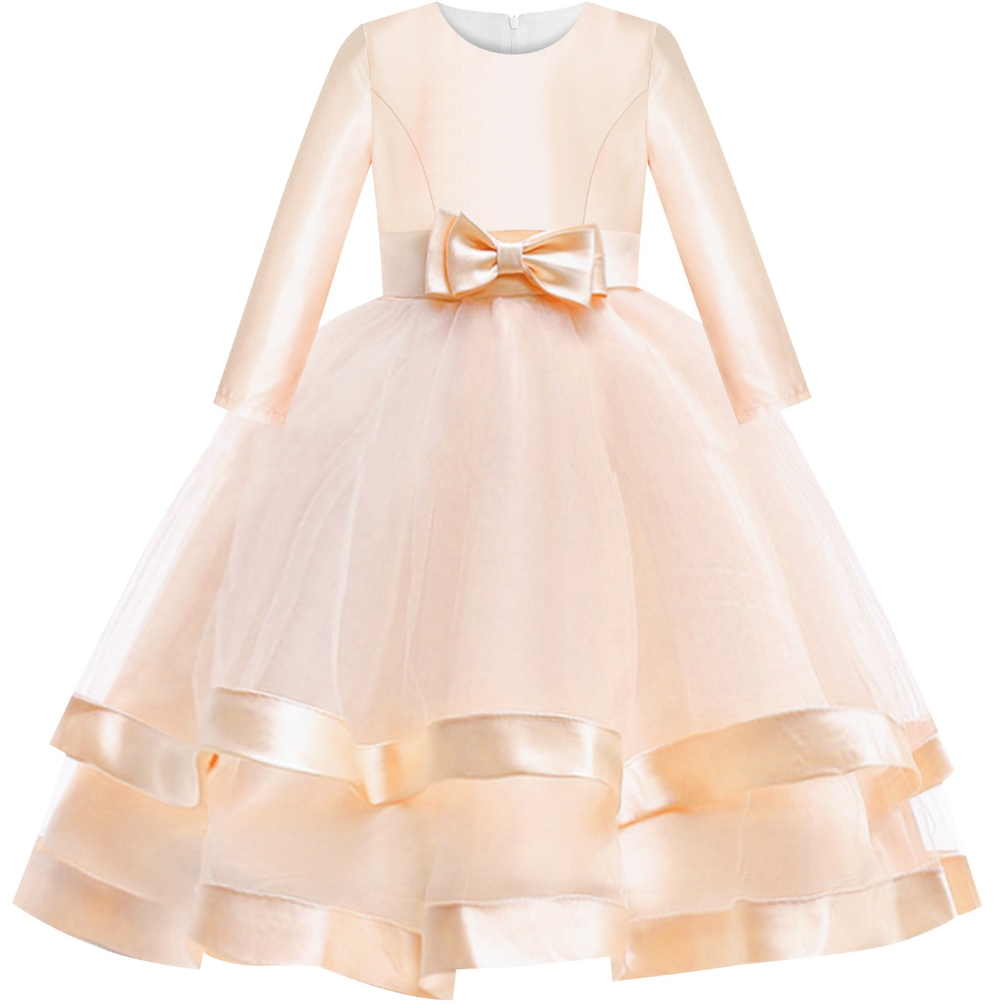 Girls Dress Long Sleeve Burgundy Ball Gown Wedding Party Pageant Beige