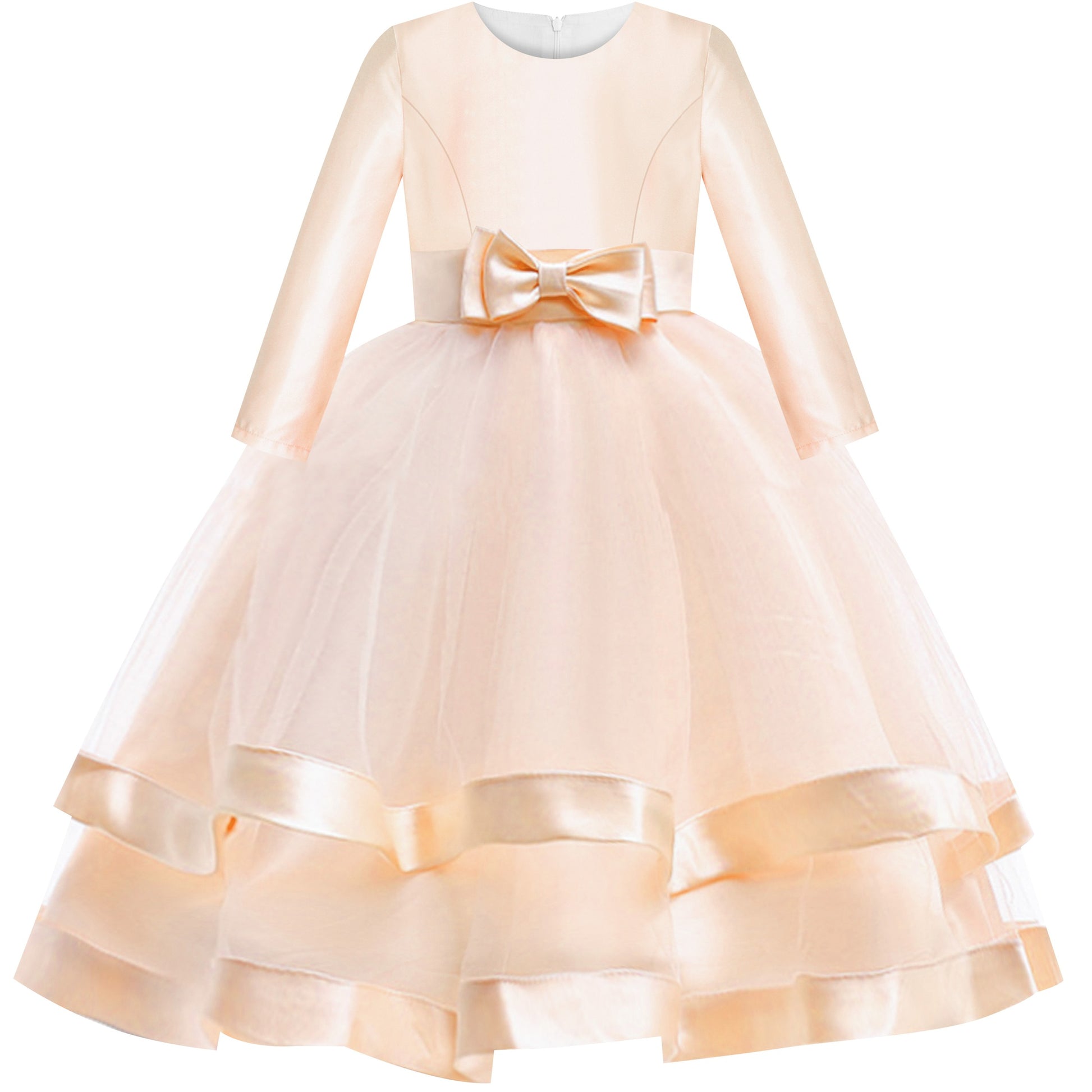 Girls Dress Long Sleeve Burgundy Ball Gown Wedding Party Pageant Beige