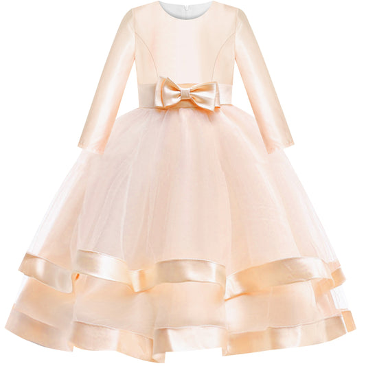 Girls Dress Long Sleeve Burgundy Ball Gown Wedding Party Pageant Beige