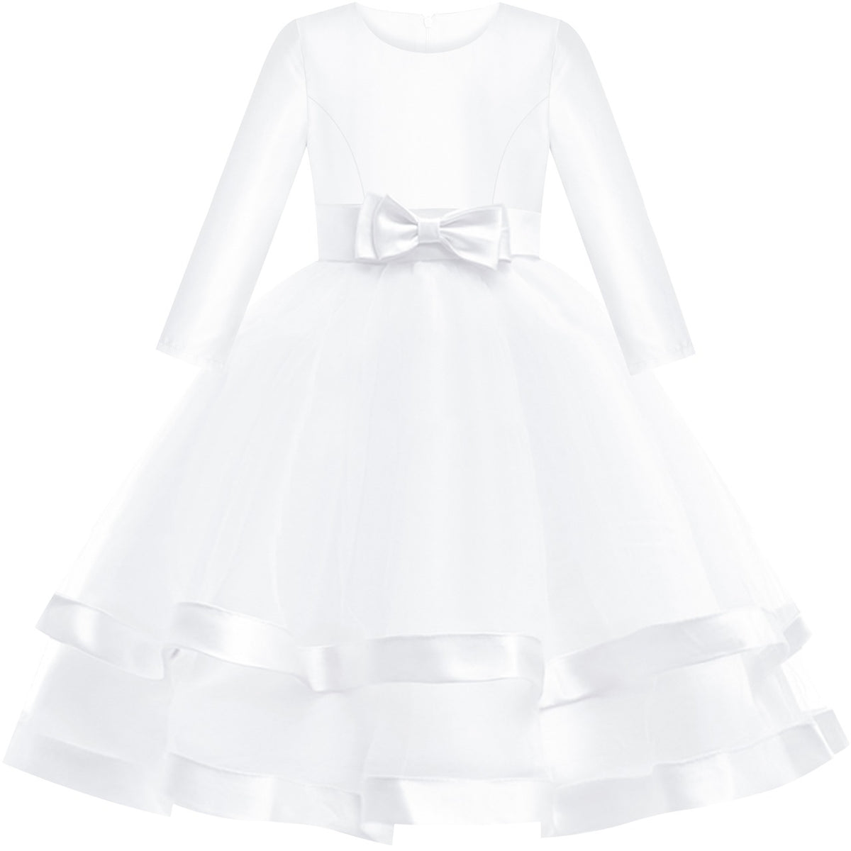 Girls Dress Long Sleeve Burgundy Ball Gown Wedding Party Pageant - White