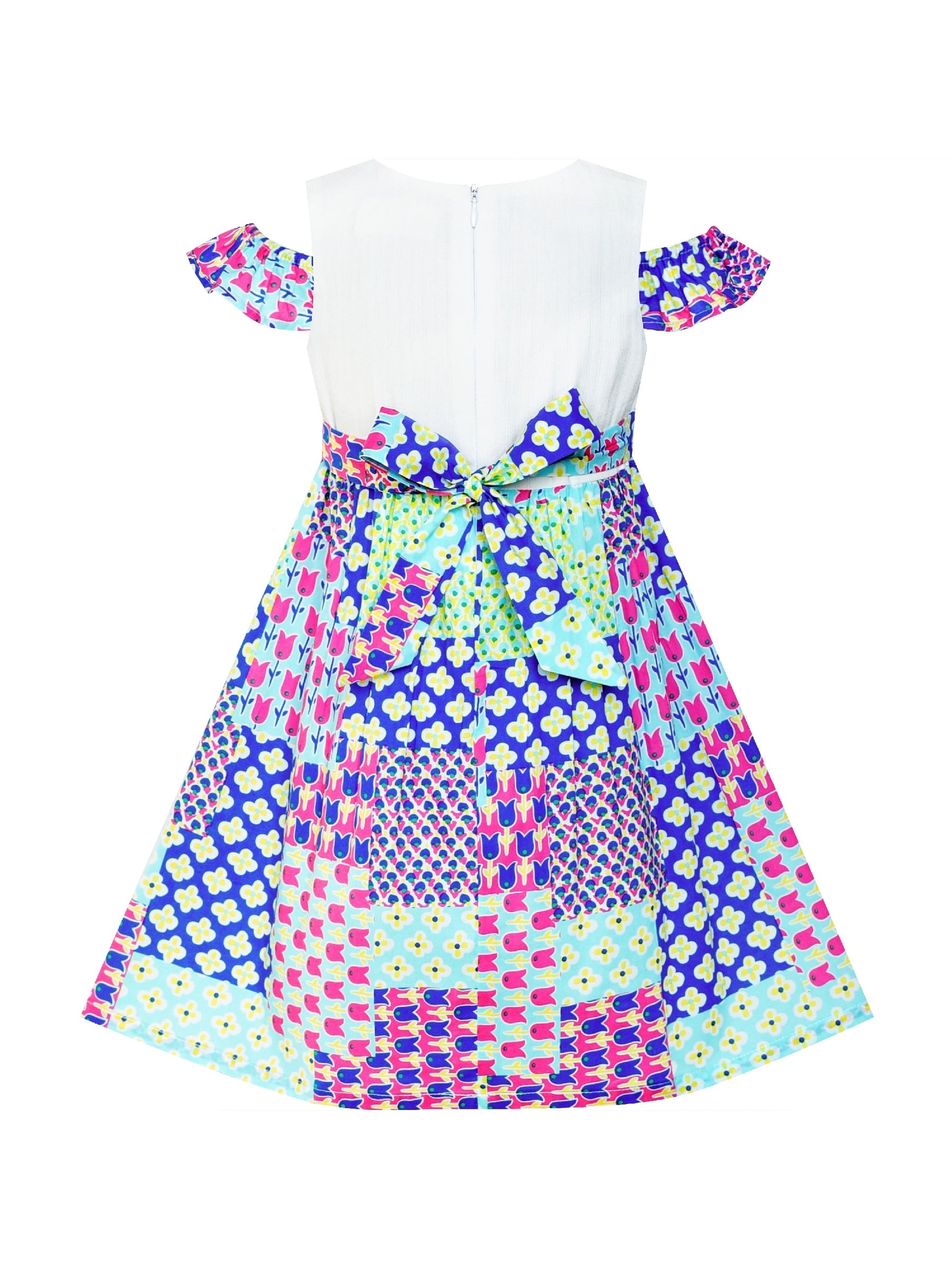 Girls Dress Button Front Cold Shoulder Cotton Casual Multi-Color