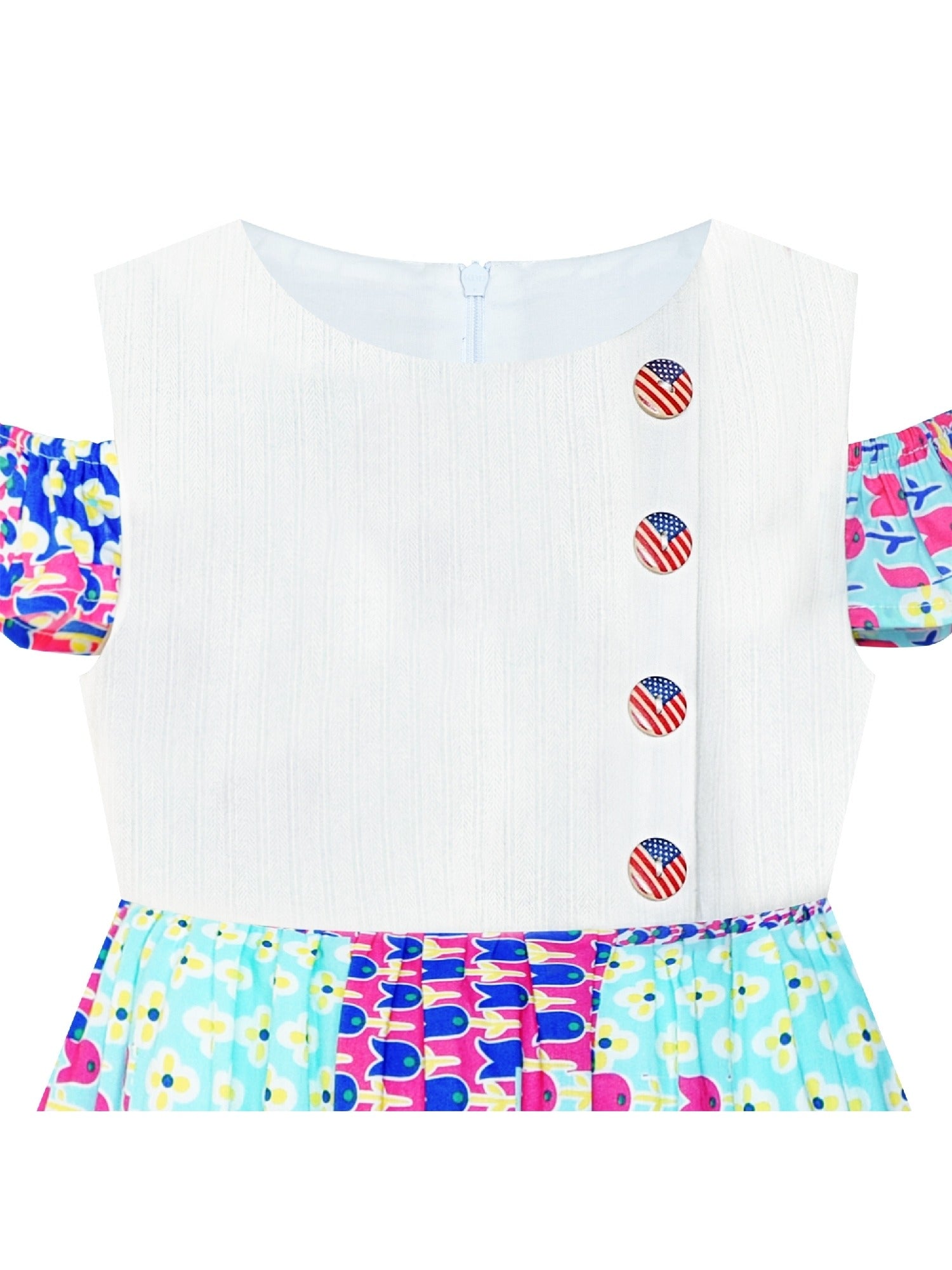 Girls Dress Button Front Cold Shoulder Cotton Casual Multi-Color